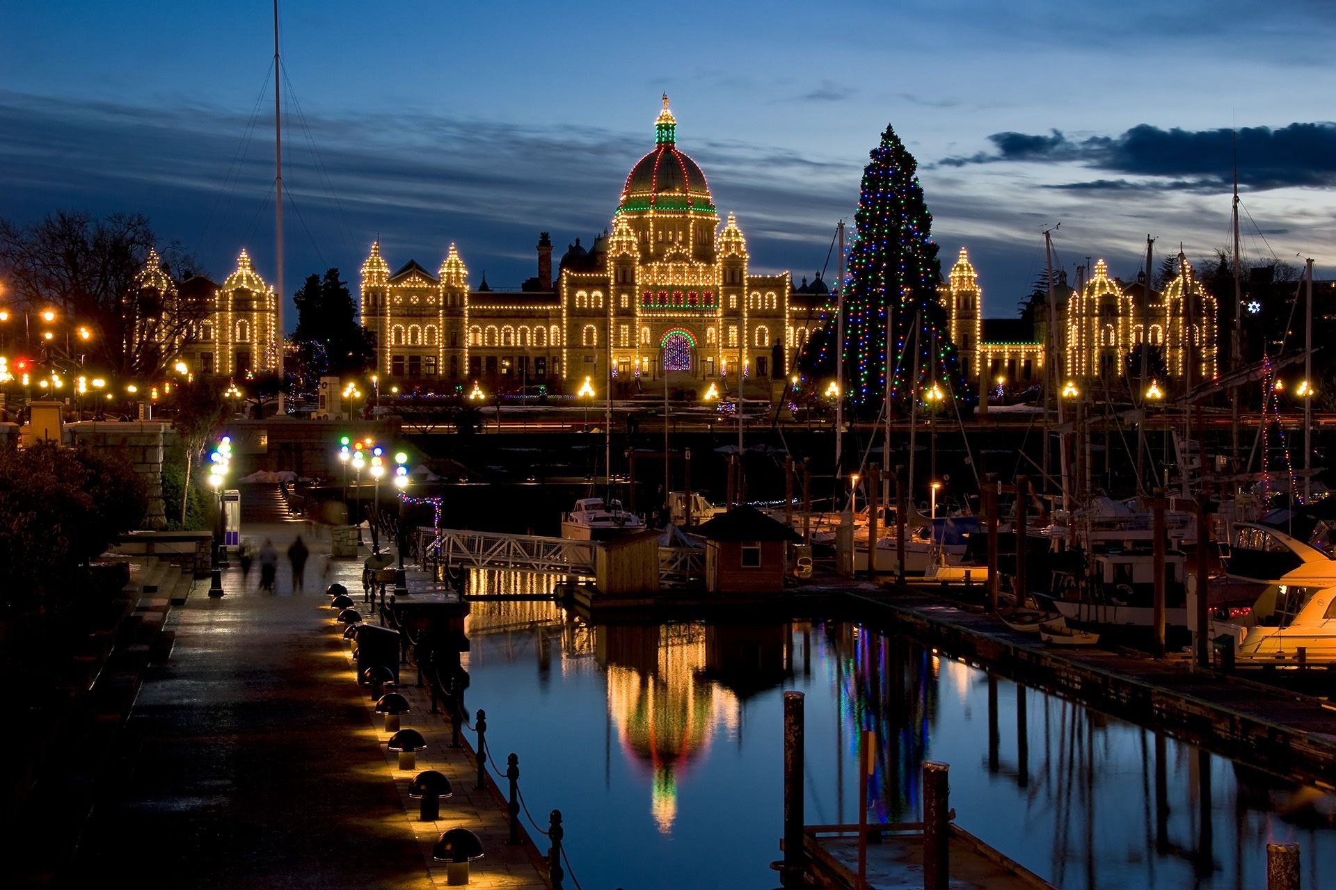 Festively illuminated parliament building and Christmas tree by a waterfront at night.