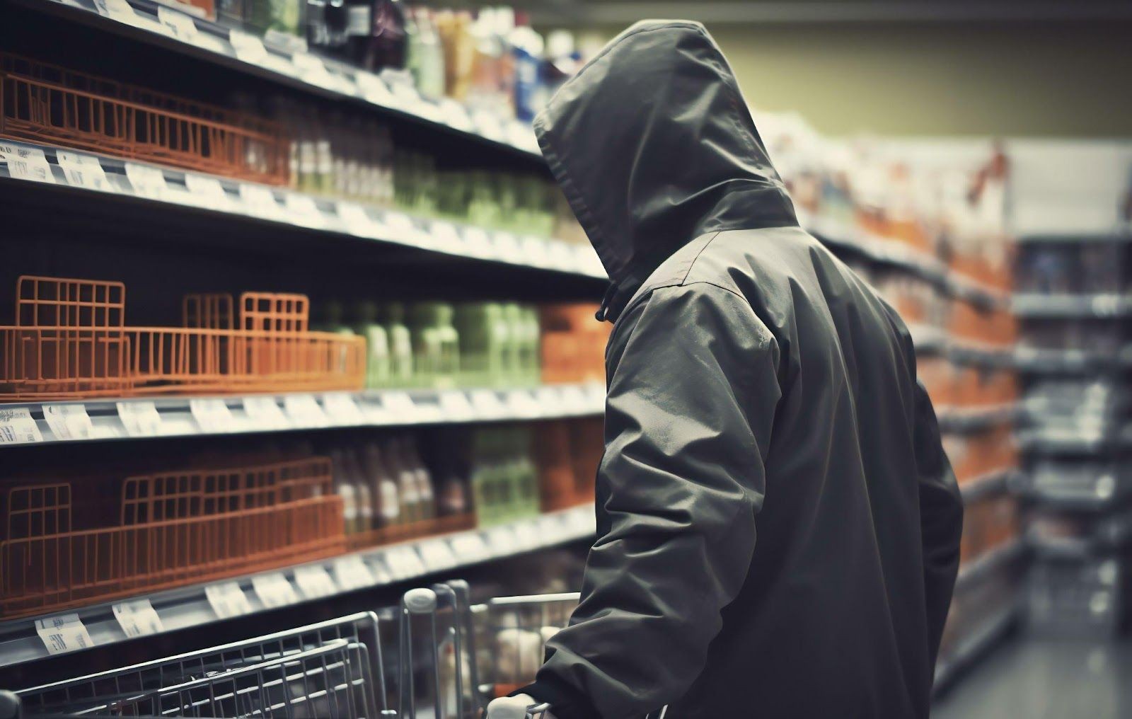 Person in a hooded jacket pushing a shopping cart and looking at shelves in a grocery store.