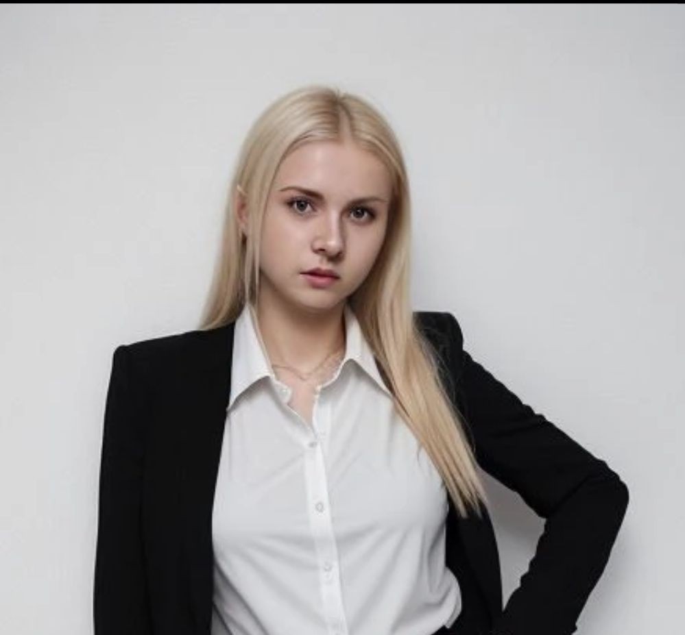 Person with long blonde hair wearing a white shirt and black blazer, standing against a plain background.