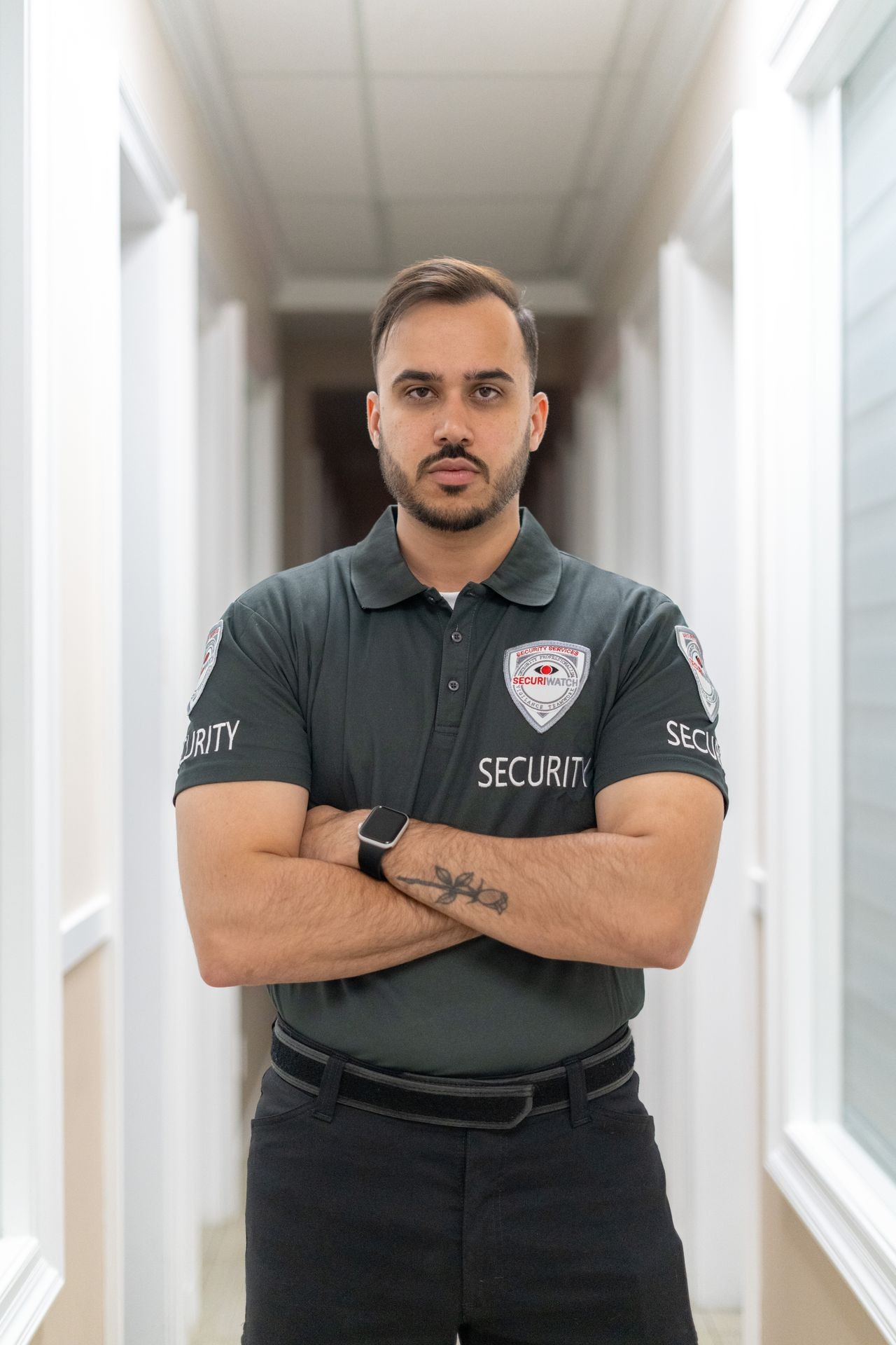 Security guard standing with arms crossed, wearing a black security uniform with company logo and a smartwatch.