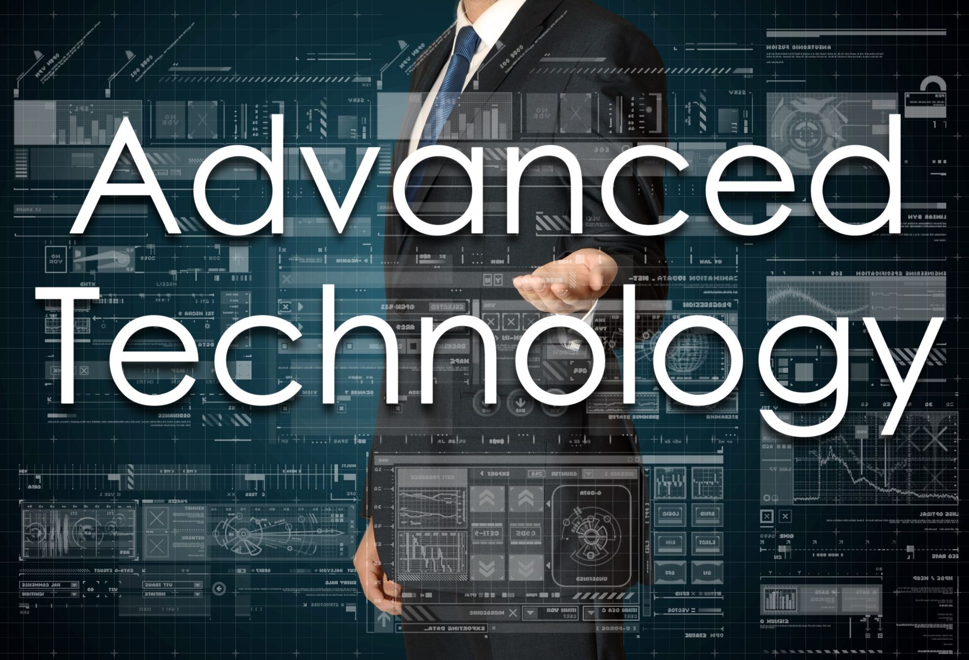 the businessman is presenting the business text with the hand: Advanced technology